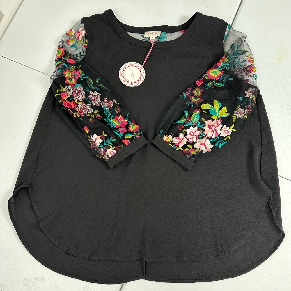 Umgee Black Top with Floral Embroidered Sheer Sleeves - Picture 9 of 11